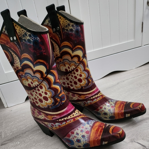Nomad Womens Size 8 "Yippy" Rain Water Boot Western Style Artsy Cowgirl Rubber - Picture 2 of 7